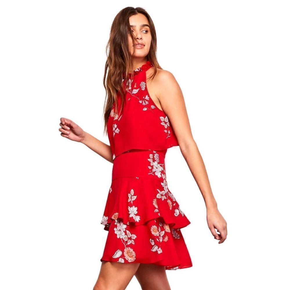NWT BB Dakota Red Cadence Popover Floral Printed Ruffle Dress, Size 2